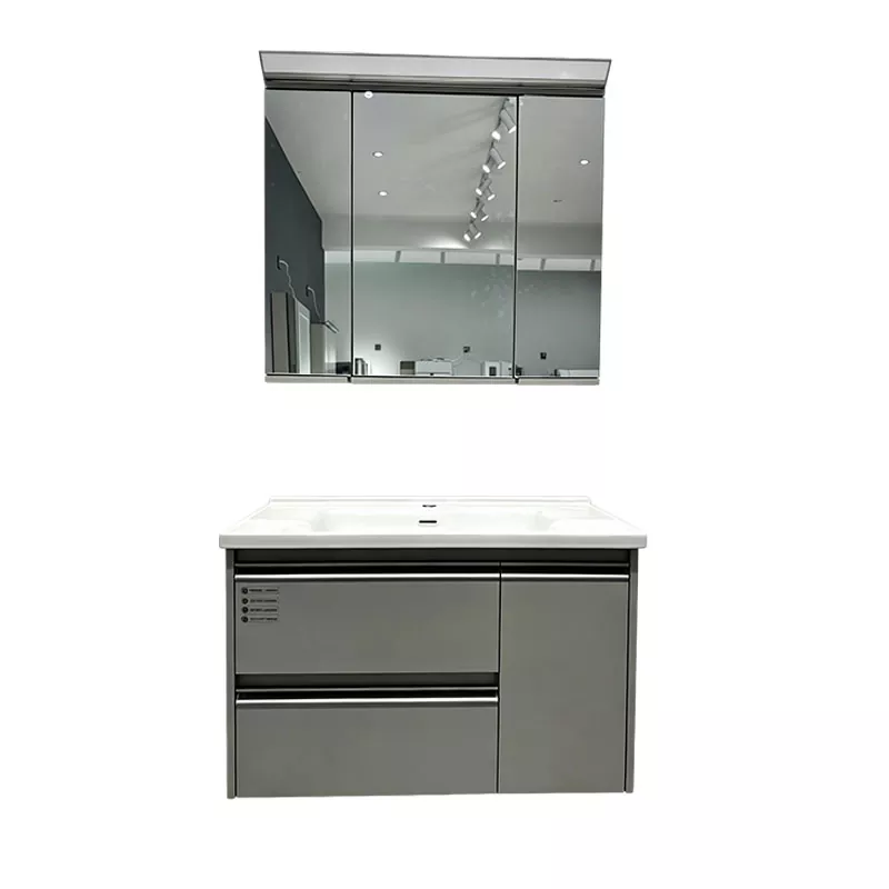 多層無垢材の洗面化粧台、ミラーキャビネット付き